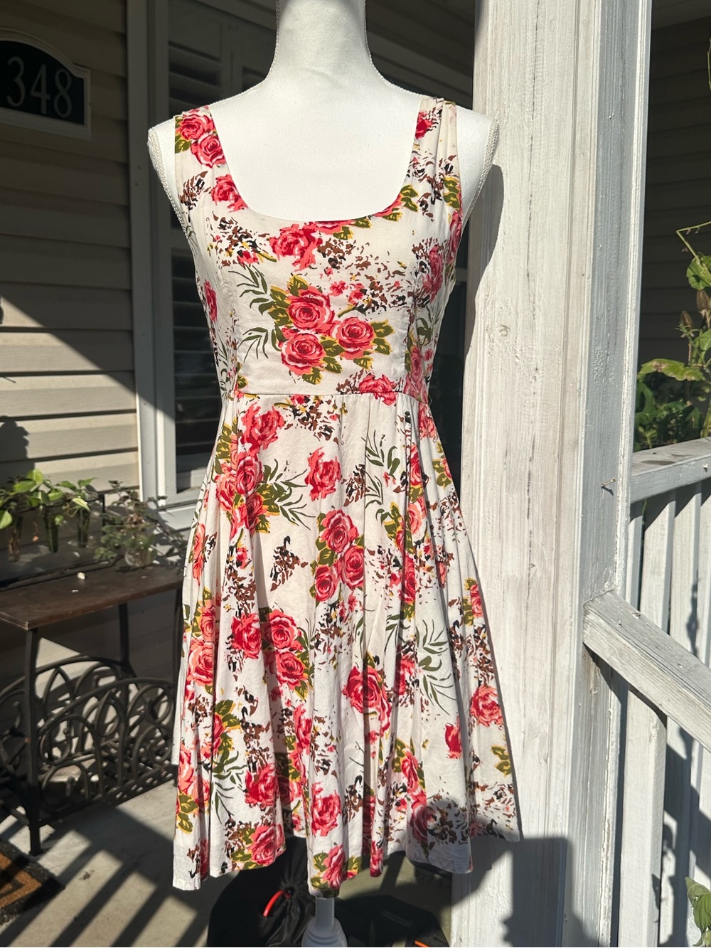 Floral Scoop-Neck Mini Dress in Cream and Pink - Women's